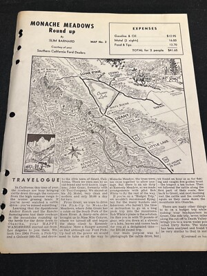 Vtg 1960s MONACHE MEADOWS Travelogue MAP Slim Barnard Ford Map Olancha