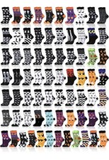 72 pair colorful Halloween crew socks for men and women.