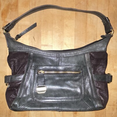 Tignanello Women Metallic Gray Black Leather Shoulder Purse