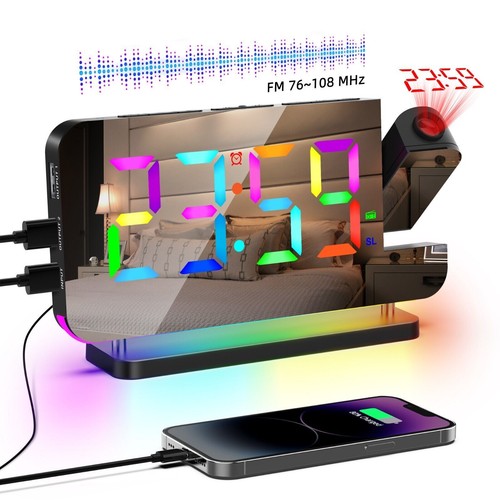 Sveglia Doppia Proiezione Digitale LED 7,4" Snooze Radio FM Timer Monitor USB - Foto 2 di 31