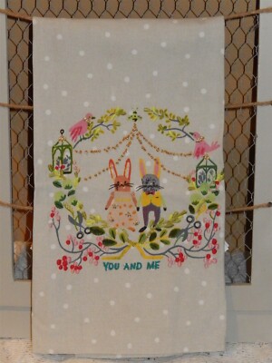 Anthropologie Quill & Fox Embroidered Bunnies Tea Towel You and Me 28''x21'' NWT