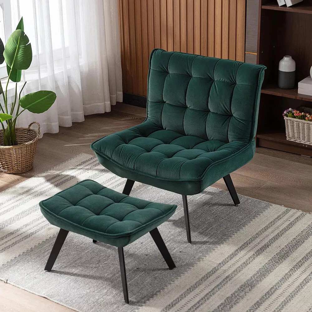 Modern Comfy Velvet Single Folding Backrest Sofa Lounge Armchair With Footstool