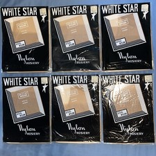 6 Pair Size 8 1/2 Beige White Star Vintage Seamless Garter Stockings Nylon Mesh