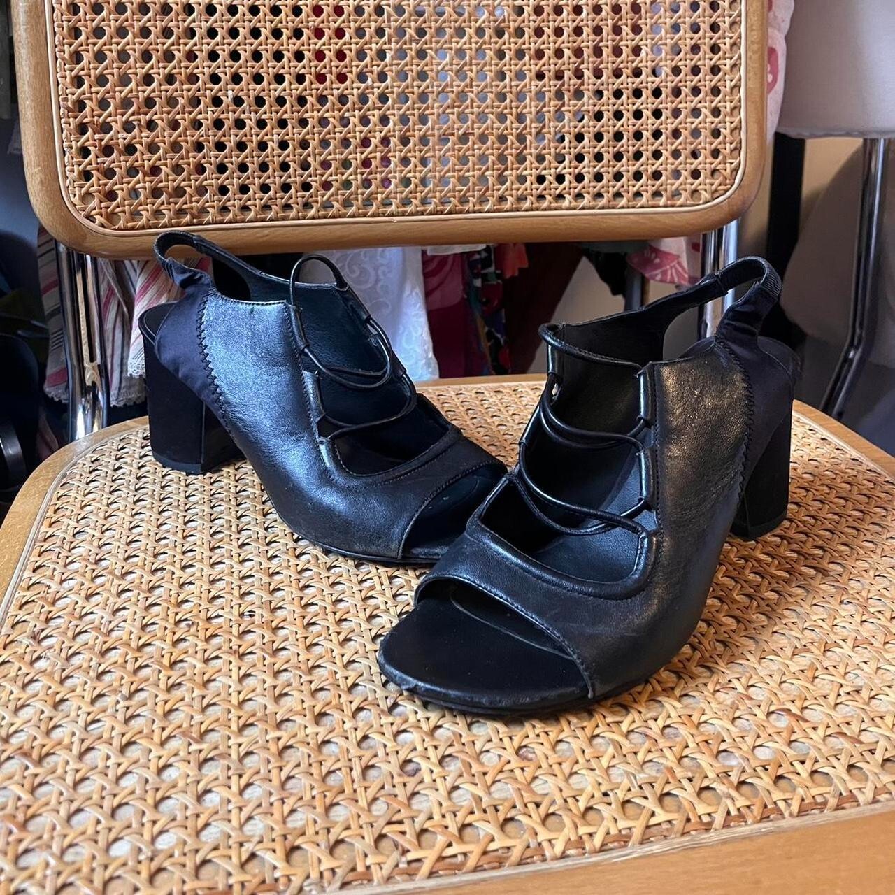 3.1 Phillip Lim Black Leather Strappy Peep Toe Stitched Heels Womens 8