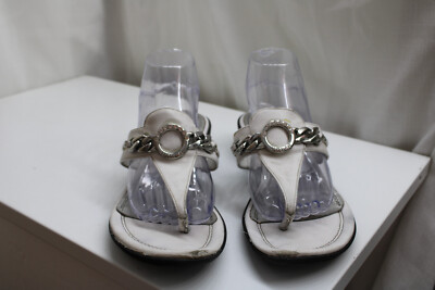 Women;s White Leather Silver Chain/Rhinestone Strap Platform SlipOn Sandals 