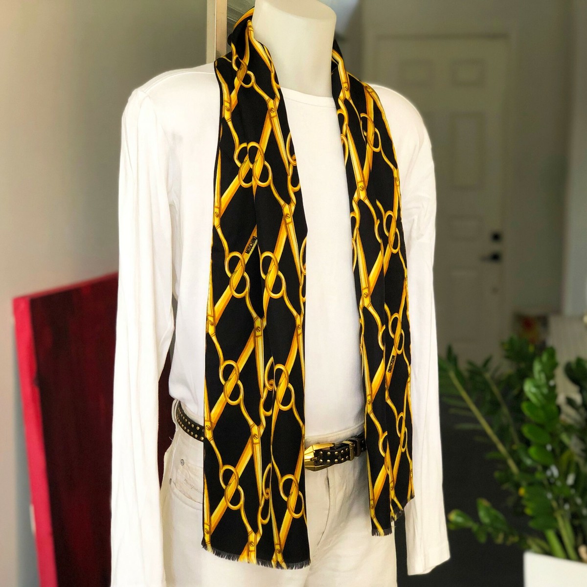 MOSCHINO long silk scarf w/ delicate fringe Scissors print