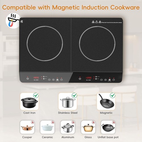 Double Induction Cooktop, Portable 1800W 2 Burner Touch Control Ceramic (Black) - Picture 6 of 8