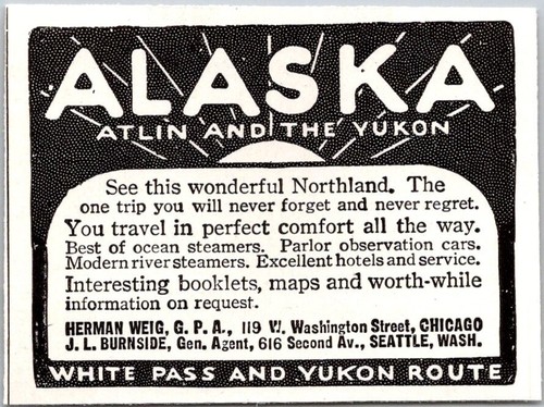 PRINT AD 1920 Alaska Atlin and Yukon White Pass Yukon Route Herman Weig SMALL