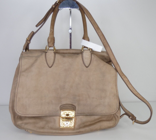 Handbag MIU MIU Tote Bag Large Beige Vitello Soft Leather Flap Shoulder Satchel - Afbeelding 1 van 24