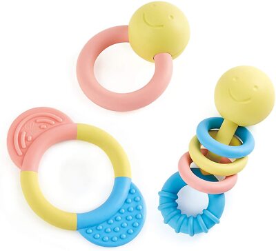 Hape Multicoloured Baby Teether Rattle Set Safe Chew Textured Rings 3 Pieces
