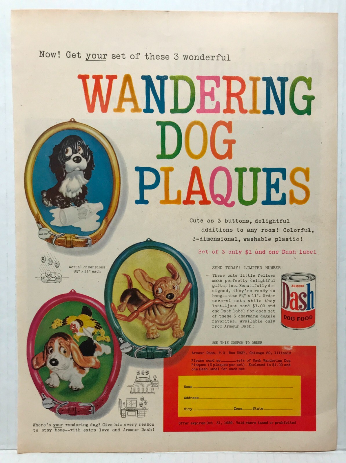 Cute Wandering Dog Plaques Only $1 Vintage Print Ad Lm59