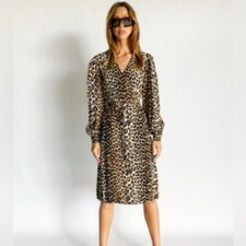 GANNI  Wrap Dress Long Sleeve Cheetah Print Silky   Sz S/4 US women’s midi