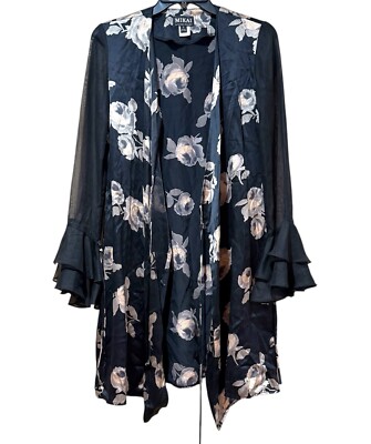 Vintage Y2K Mikai by Jerry Shabo Black Floral Long Silk Robe/ Duster/ Kimono S