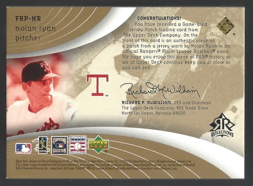 2005 UD REFLECTIONS NOLAN RYAN /99 GAME USED WORN JERSEY PATCH #FRP-NR FABRIC - Bild 2 von 2