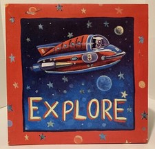 Set Of 3 Space Themed Painted Frameless Kids Wall Art 2 Blue/Green 1 Red 10x10x2