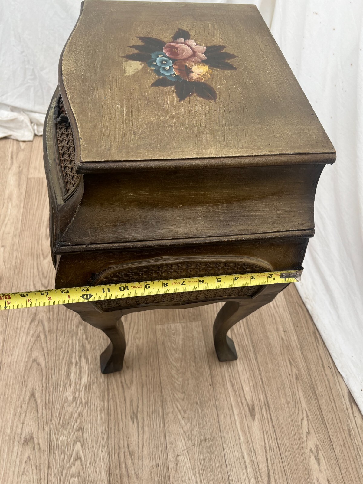 French Bombe Nightstand Chest Hand Painted Roses Rattan Trim Felted drawer