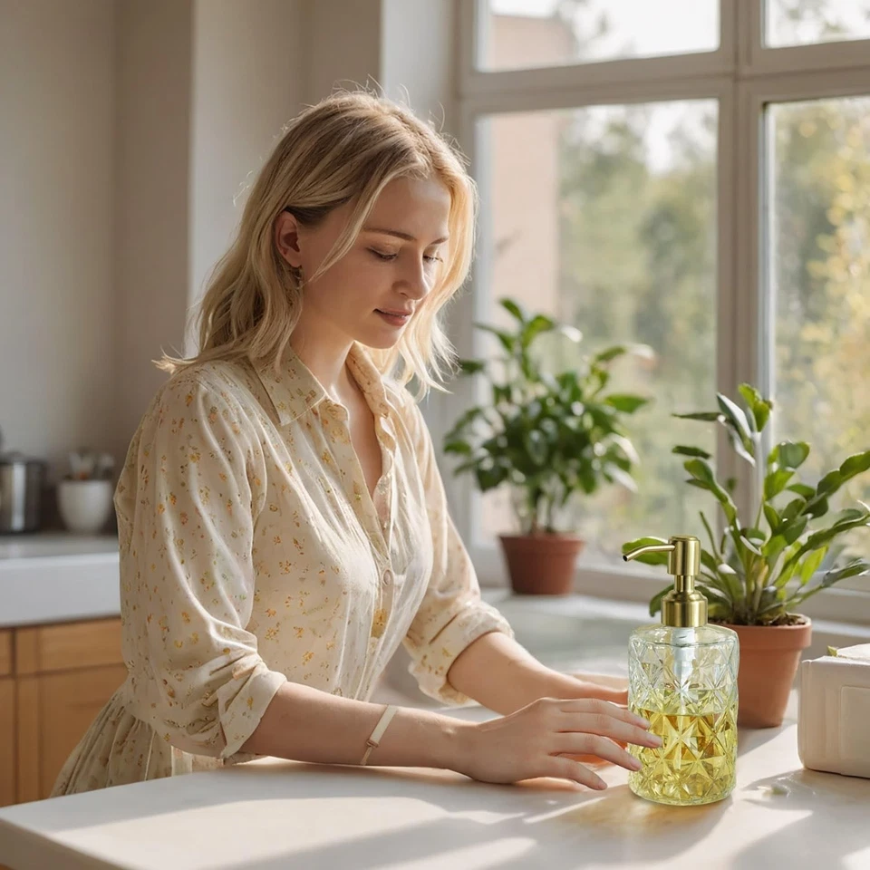 Dispensador de jabón de vidrio transparente con bomba dorada - Elegante y recargable para el hogar Foto 4 de 4