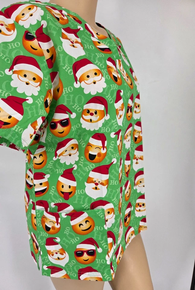 Womens Scrub Top Butter-Soft by UA Cotton Blend Santa Emoji Smiley Pockets - Image 3 of 4