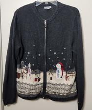 Croft  Barrow Gray Full Zip Knit Womans Cardigan Sweater Sz Med Winter Snowman