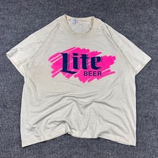 Vintage Hanes Shirt Mens L Miller Lite Beer White Pink Neon 90s USA Made