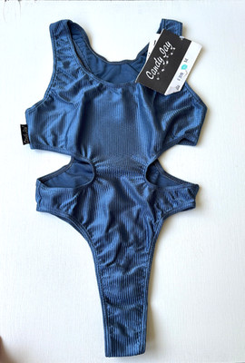 90er Vintage Badeanzug Damen Gr. M Blau Glänzend Lycra Cut-Out Aerobic NEU