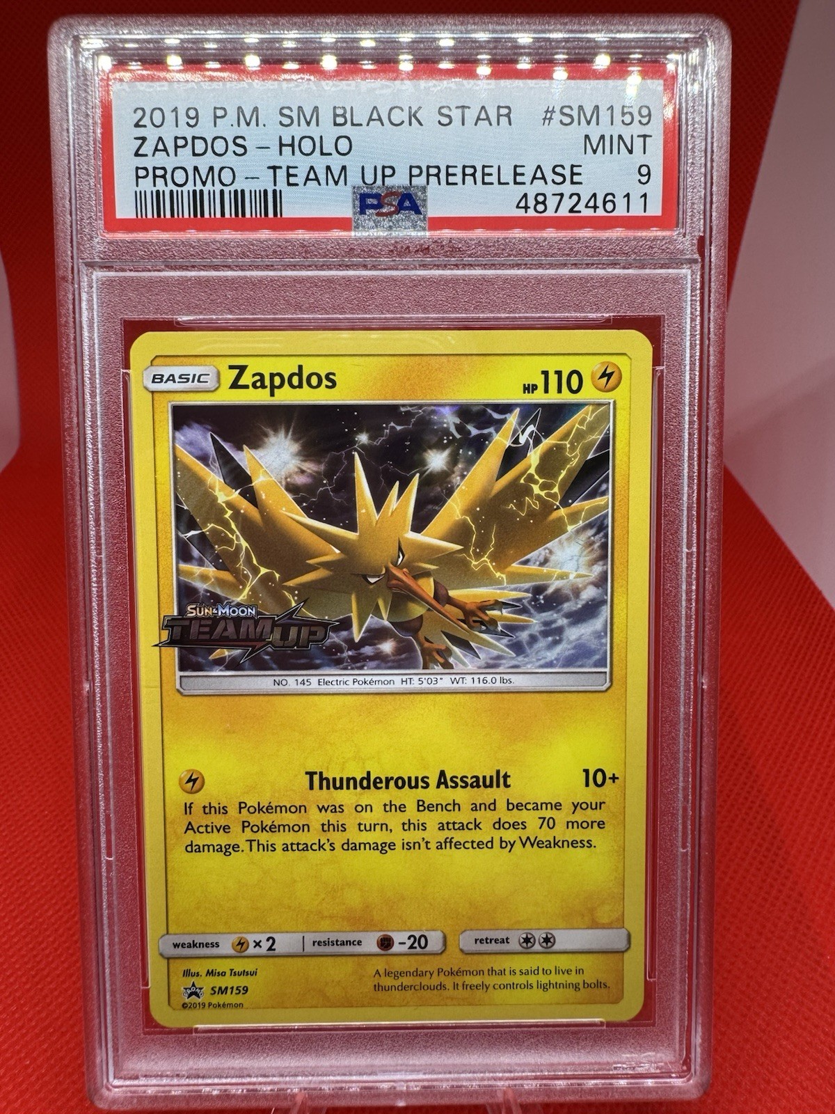 2019 POKEMON SM BLACK STAR PROMO TEAM UP PRERELEASE SM159 ZAPDOS-HOLO PSA MINT 9