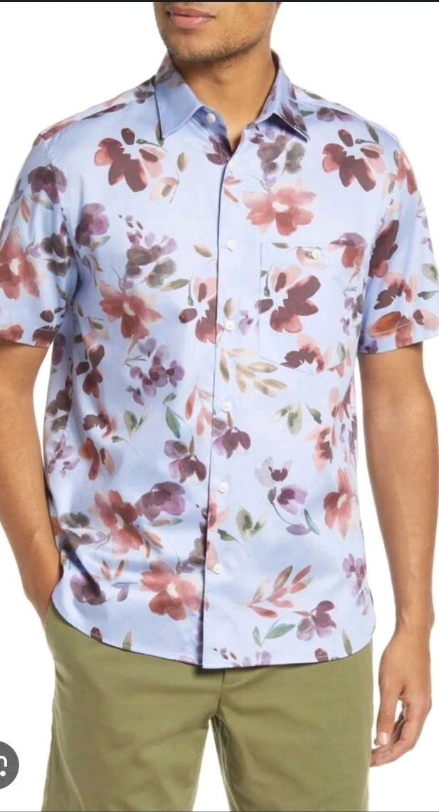 Ted Baker Floral Print Button Down Shirt Short Sleeve Casual Light Blue 6