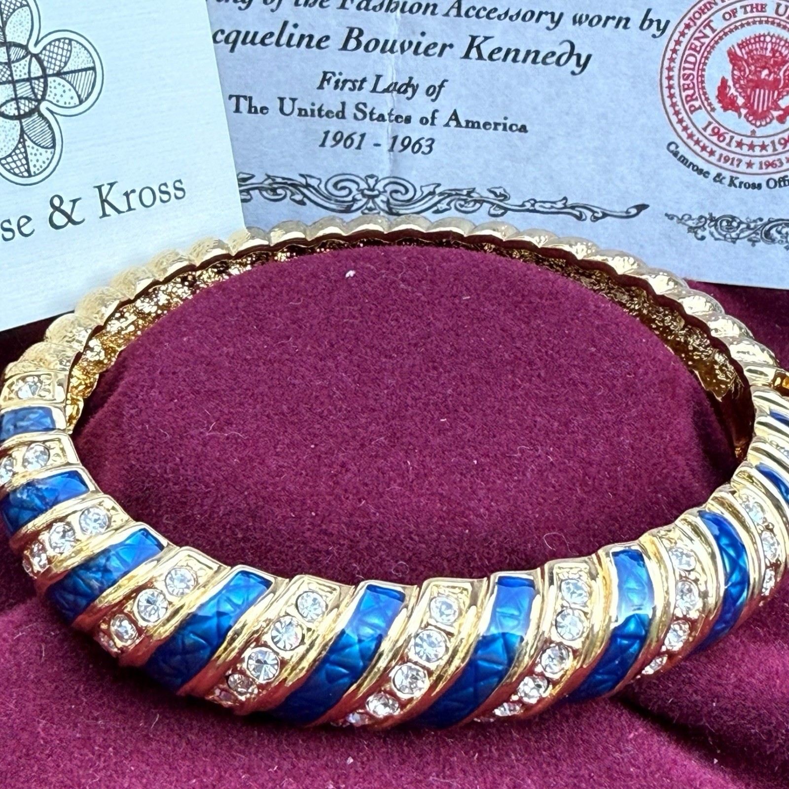 JBK Camrose & Kross Jackie Kennedy Blue Enamel Gold Tone Rhinestone Bracelet Vtg