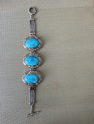 Silver Tone Turquoise Oval Cabochon Rope Link Bracelet 3-Stone Toggle