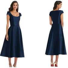 NWT Alfred Sung Cap Sleeve Satin Midi Dress Dark Navy Blue Size 14