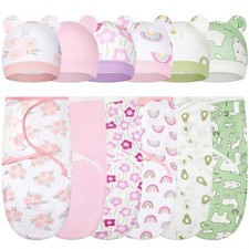 6 Pack Swaddle Blanket with Hats for Baby Girl Boy 100 Cotton Swaddles 0-3 M...
