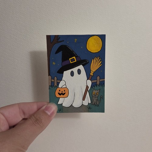 ACEO Original Acrylic Marker, Ghosts, Halloween Costume- Witchy Boo by Ki A