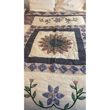 Vintage Floral Appliqu Quilt Full Queen 82x80 Cottage Country Ramie Cotton