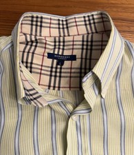 Burberry London Mens Large Yellow Blue Stripe Button Down Shirt Nova Check