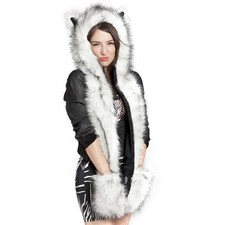 Winter Animal Hat Faux Fur Hooded Scarf Cute Furry Ears Paw Gloves Pocket Hoo...