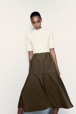 ZARA IVORY & KHAKI BROWN MOCK NECK COTTON COMBINATION MIDI DRESS - Small NWT