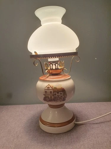 Vintage Porcelain  Lamp/ Lantern with Milk Glass Shade - Oil Burner Style
