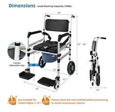 4-in-1 Foldable Shower Seat / Commode Chair/ Toilet Seat / Transport Wheelchair