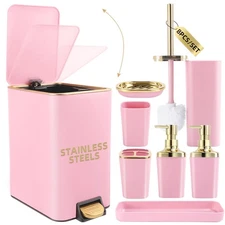 Pink Bathroom Accessories Set 8 Piece Pink and Gold Bathroom Set, Bathroom Se...