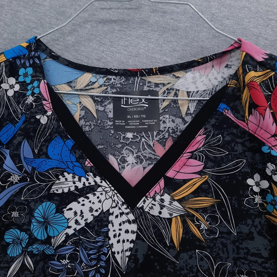 Cherokee iFlex Scrub Top Womens XL Black Floral V-Neck Stretch Pockets CK636 - Image 3 of 4
