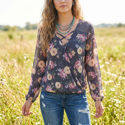 NOBO Floral Fairy Grunge Top M Gray LS Whimsigoth Cottage Ethereal Peasant