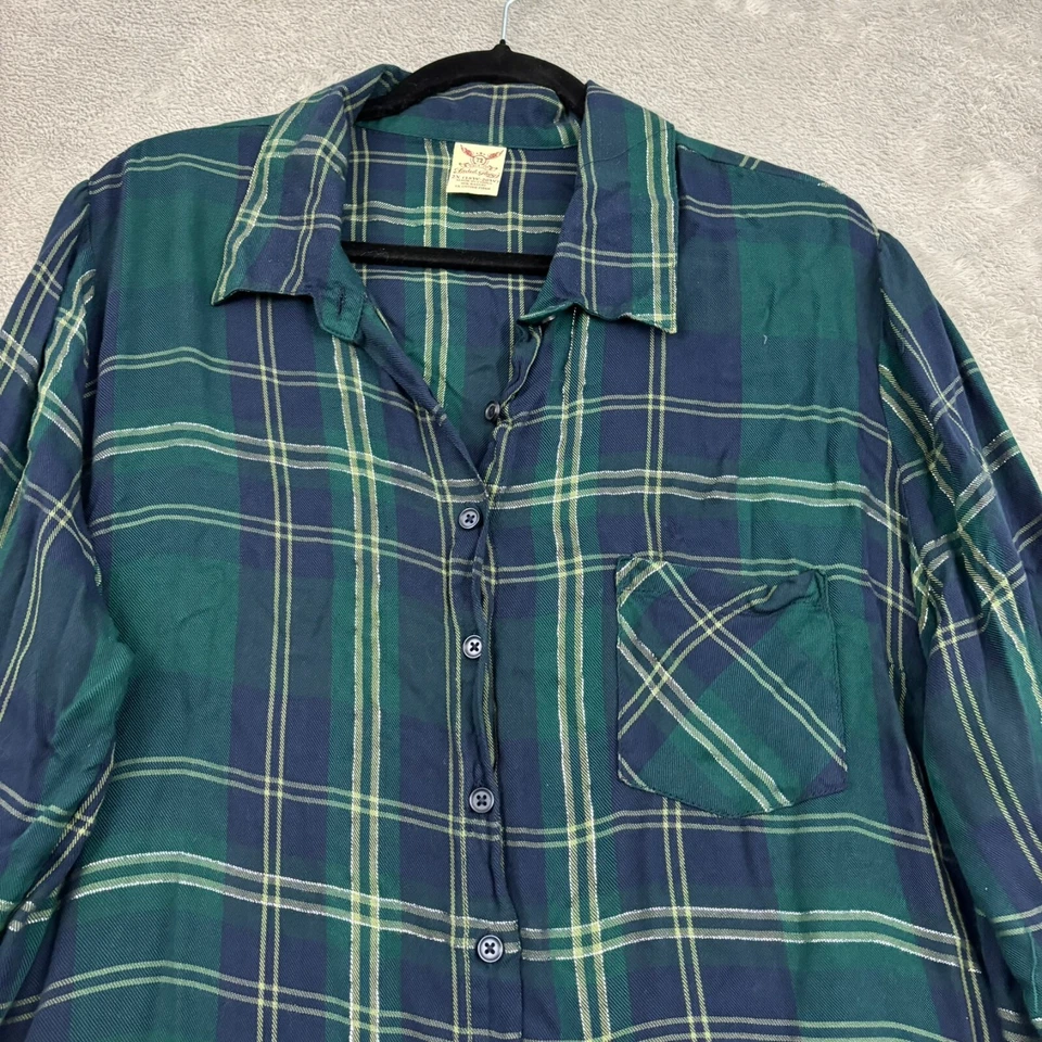 Camisa con botones a cuadros Faded Glory para mujer 2X azul verde plata ribete vacaciones Plus Foto 3 de 4