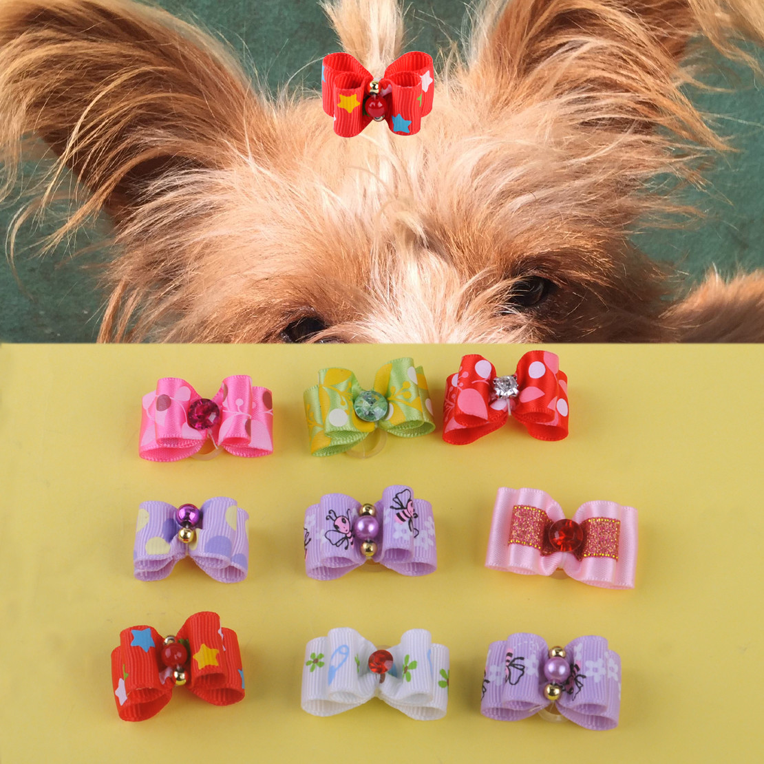 10x Assorted Rhinestone Ribbon Pet Hair Bows Dog Cat Puppy Grooming