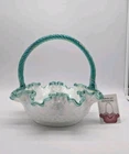 Antique, Vintage, Fenton Milk Iridescent Glass W Aqua Band, Spanish Lace Basket