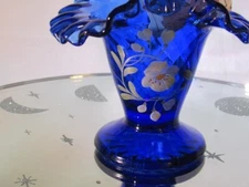 FENTON GLASS GOLDEN FLAX ON COBALT MINI HP BASKET S. BRYAN ~~~~~BK6