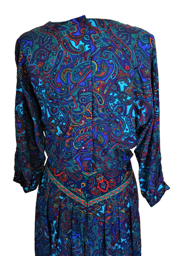 Vestido Vintage Para Mujer S Azul Cachemira Rojo Bolsillos Dorados Niñas Años 90 Mamá Disfraz - Imagen 6 de 13