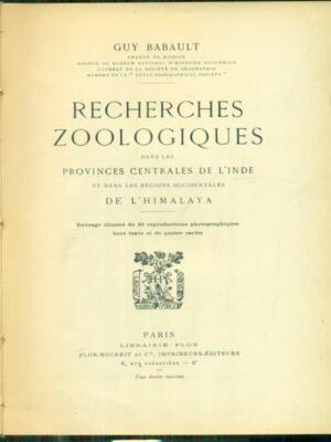 ZOOLOGISCHE RECHERCHEN ERSTE AUSGABE BABAULT GUY BUCHHANDLUNG PLON 1921