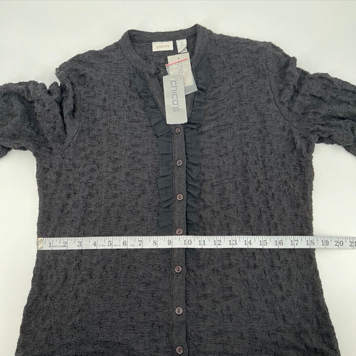 Nuevo con etiquetas Cárdigan Chico's Para Mujer Talla 1 EE. UU. M/8 Negro Encaje Arrugado Malla Volantes L/S - Imagen 7 de 16