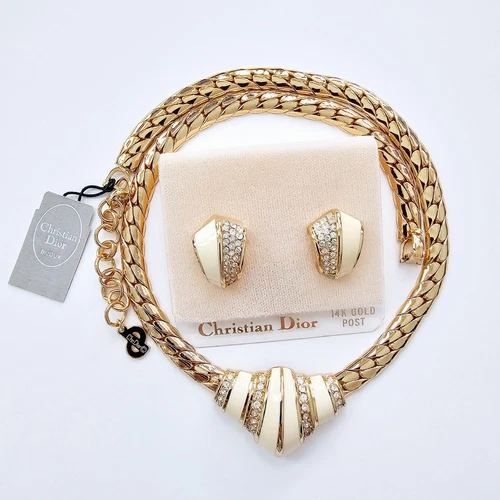 Vintage Christian Dior Enamel Crystal Necklace & Earrings Set NWT
