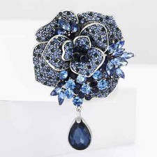 Valentine s Day Blue Rhinestone Flower Brooch Pin for Women Luxury Gift for Her